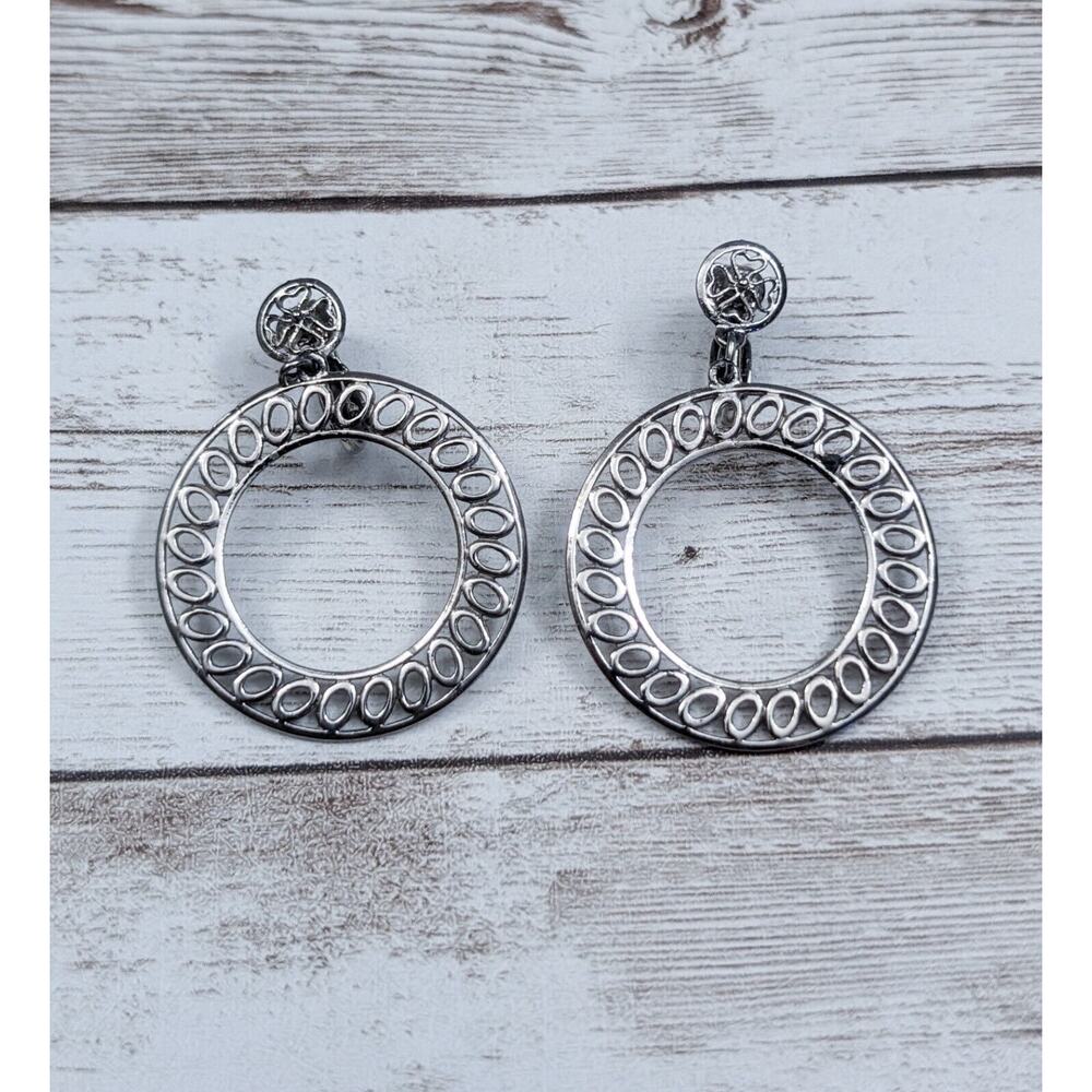 Vintage Clip On Earrings - Patterned Silver Tone Circle Dangle 1 & 7/8"